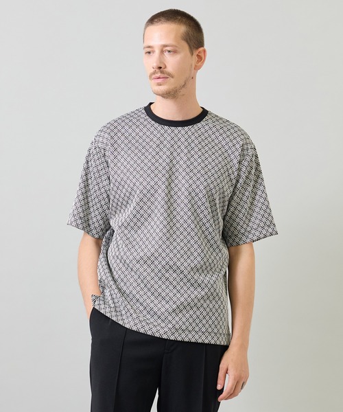 UNION STATION(ユニオンステーション)の「ジオメトリックジャガードTシャツ<ストレッチ・マシンウォッシャブル>(Tシャツ/カットソー・メンズ・ネイビー/チャコールグレー/ホワイト・L/M/LL)」の1枚目の写真