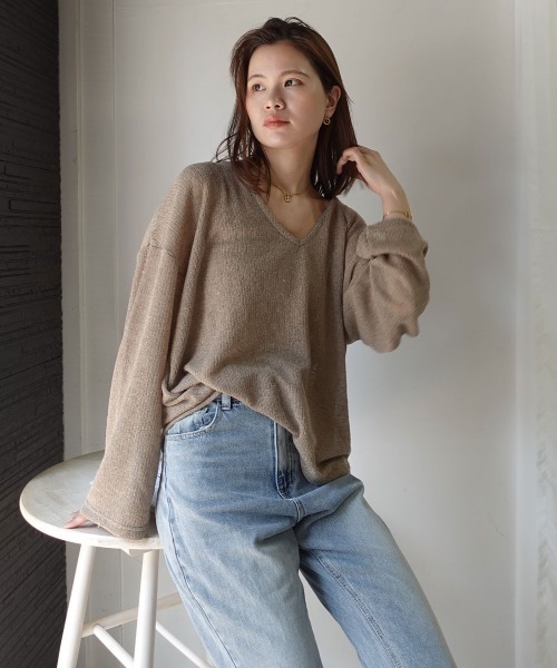 CORNERS(コーナーズ)の「シアースラブニットソー深Vネックトップス(Tシャツ/カットソー・レディース・アイボリー/ベージュ/ライトベージュ/グレー・M)」の21枚目の写真