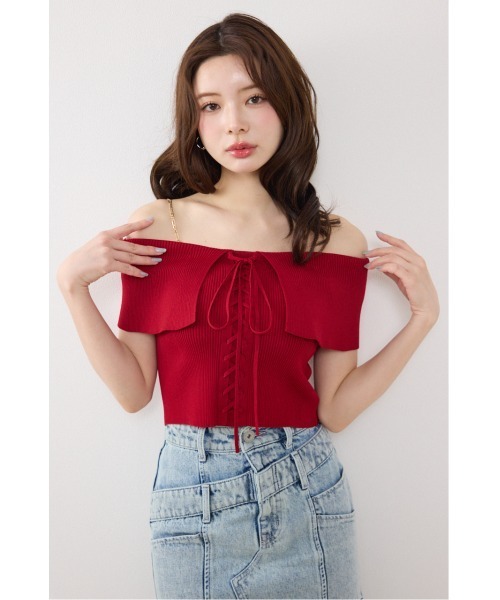 rienda（リエンダ）の「【AKB48 行天優莉奈さん着用】レースアップオフショルニットトップス　夏服（ニット/セーター・レディース・ホワイト/ライトブルー/ブラック/レッド・FREE）」の4枚目の写真