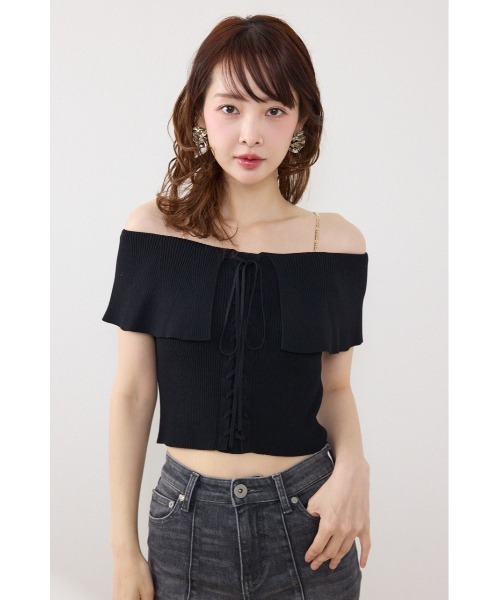 rienda（リエンダ）の「【AKB48 行天優莉奈さん着用】レースアップオフショルニットトップス　夏服（ニット/セーター・レディース・ホワイト/ライトブルー/ブラック/レッド・FREE）」の2枚目の写真