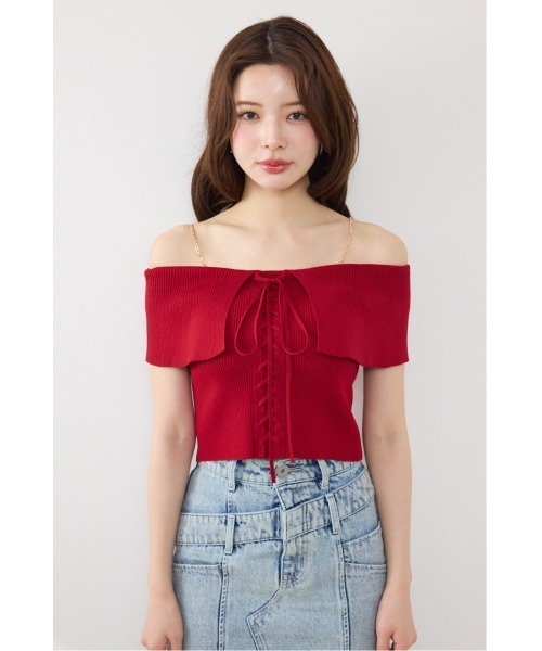 rienda（リエンダ）の「【AKB48 行天優莉奈さん着用】レースアップオフショルニットトップス　夏服（ニット/セーター・レディース・ホワイト/ライトブルー/ブラック/レッド・FREE）」の6枚目の写真