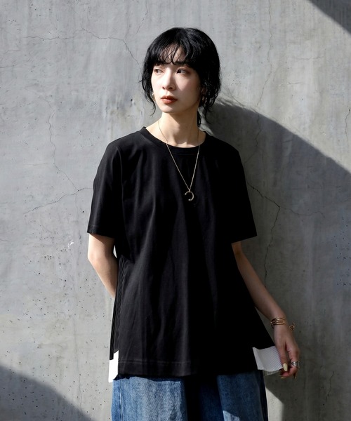 antiqua(アンティカ)の「異素材 配色 バックプリーツ カットソー(Tシャツ/カットソー・レディース・ブラック/ホワイト・ONESIZE)」の10枚目の写真