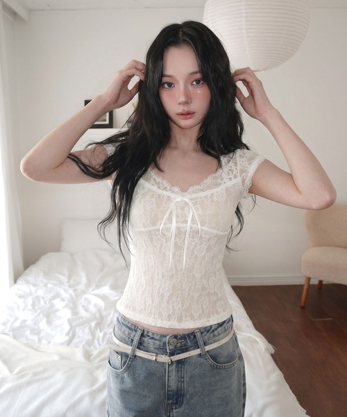 gossip!ロサンゼルス(ゴシップロサンゼルス)の「【Y2Kガーリー】 フロントリボン総レース 半袖カットソー(Tシャツ/カットソー・レディース・ホワイト/ブラック/オフホワイト・M)」の17枚目の写真