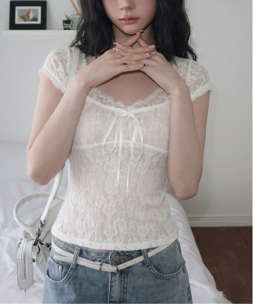 gossip!ロサンゼルス(ゴシップロサンゼルス)の「【Y2Kガーリー】 フロントリボン総レース 半袖カットソー(Tシャツ/カットソー・レディース・ホワイト/ブラック/オフホワイト・M)」の20枚目の写真