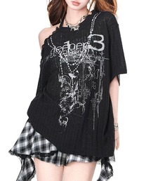【26年春夏新作】Y2Kグランジ ダメージ加工 グラフィックワンショルシアーTシャツ