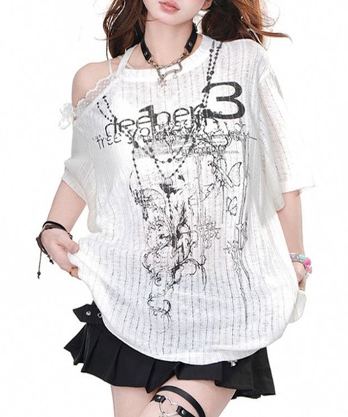 lilful(リルフル)の「【26年春夏新作】Y2Kグランジ ダメージ加工 グラフィックワンショルシアーTシャツ(Tシャツ/カットソー・レディース・ブラック/アイボリー・M/L)」の8枚目の写真