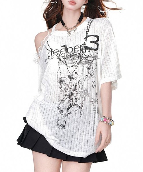 lilful(リルフル)の「【26年春夏新作】Y2Kグランジ ダメージ加工 グラフィックワンショルシアーTシャツ(Tシャツ/カットソー・レディース・ブラック/アイボリー・M/L)」の9枚目の写真
