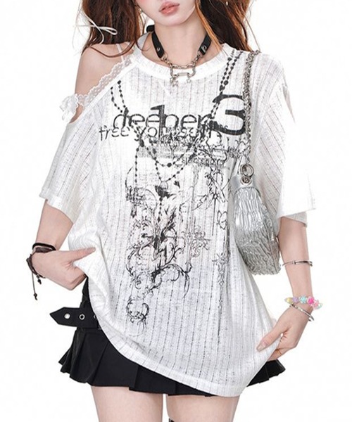 lilful(リルフル)の「【26年春夏新作】Y2Kグランジ ダメージ加工 グラフィックワンショルシアーTシャツ(Tシャツ/カットソー・レディース・ブラック/アイボリー・M/L)」の10枚目の写真
