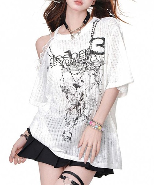 lilful(リルフル)の「【26年春夏新作】Y2Kグランジ ダメージ加工 グラフィックワンショルシアーTシャツ(Tシャツ/カットソー・レディース・ブラック/アイボリー・M/L)」の15枚目の写真