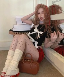 【バレエコア】ラッピングリボンデザイン クロップド チビTシャツ / 半袖T トップス