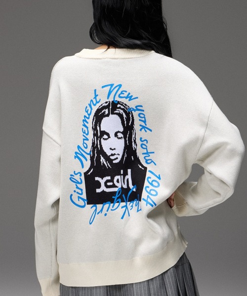 X-girl(エックスガール)の「HAND DRAWN LOGO AND FACE KNIT TOP(ニット/セーター・レディース・オフホワイト/ブラック/オリーブ・ONE SIZE)」の1枚目の写真