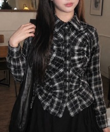フロントシャーリングチェック柄シャツ