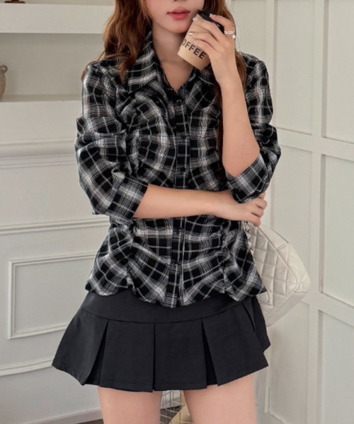 Achic(アシック)の「フロントシャーリングチェック柄シャツ(シャツ/ブラウス・レディース・グレー/ブラック/チャコールグレー・M)」の12枚目の写真