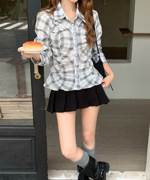 Achic(アシック)の「フロントシャーリングチェック柄シャツ(シャツ/ブラウス・レディース・グレー/ブラック/チャコールグレー・M)」の20枚目の写真