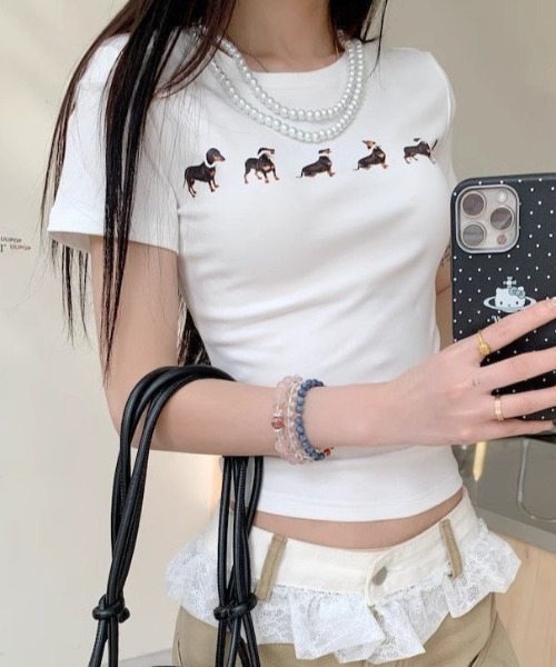 AVYL（アヴィル）の「ドッグプリント コンパクトリンガーTシャツ（Tシャツ/カットソー・レディース・ホワイト/グレー・M）」の11枚目の写真