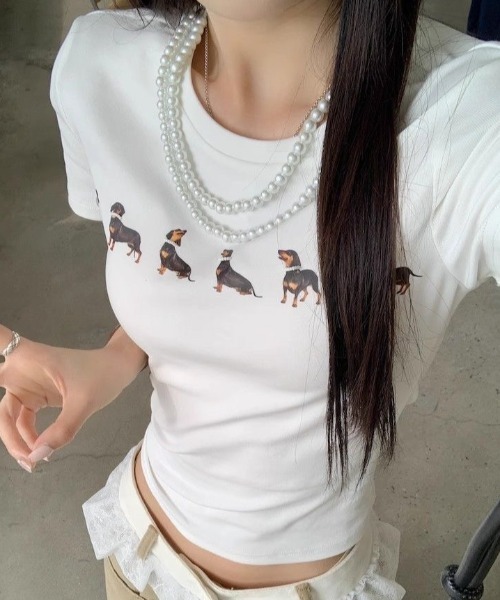 AVYL（アヴィル）の「ドッグプリント コンパクトリンガーTシャツ（Tシャツ/カットソー・レディース・ホワイト/グレー・M）」の6枚目の写真