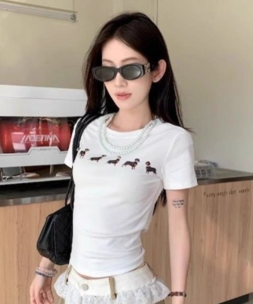 AVYL（アヴィル）の「ドッグプリント コンパクトリンガーTシャツ（Tシャツ/カットソー・レディース・ホワイト/グレー・M）」の5枚目の写真