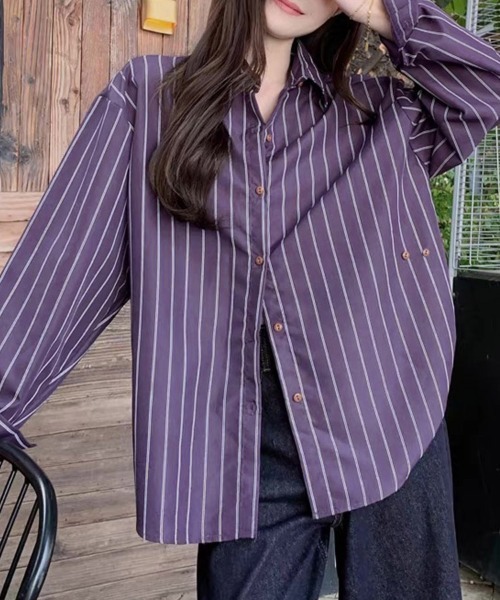 ReRe（リリ）の「ストライプ切り替え変形デザインシャツ（シャツ/ブラウス・レディース・パープル・MEDIUM/LARGE/X-LARGE）」の13枚目の写真