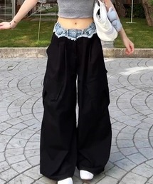 デニムレイヤード風 ウエスト切替ワイドカーゴパンツ