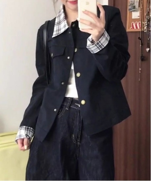 &soiree(アンドソワレ)の「チェック切り替え襟付きジャケット(その他アウター・レディース・ネイビー・SMALL/MEDIUM/LARGE/X-LARGE)」の3枚目の写真