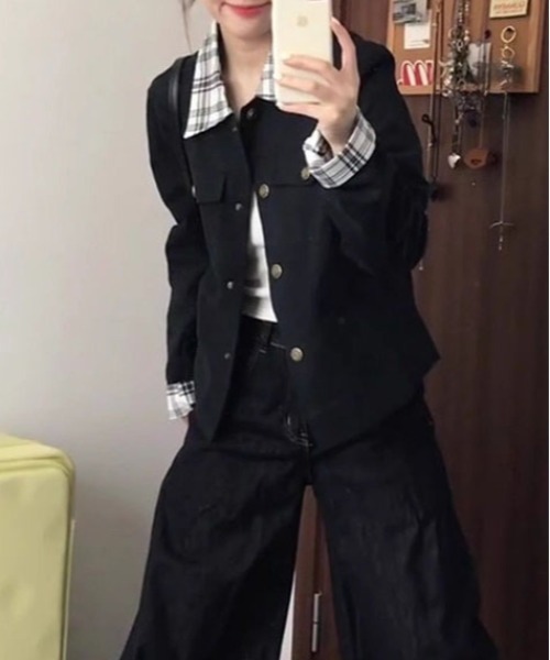 &soiree(アンドソワレ)の「チェック切り替え襟付きジャケット(その他アウター・レディース・ネイビー・SMALL/MEDIUM/LARGE/X-LARGE)」の4枚目の写真