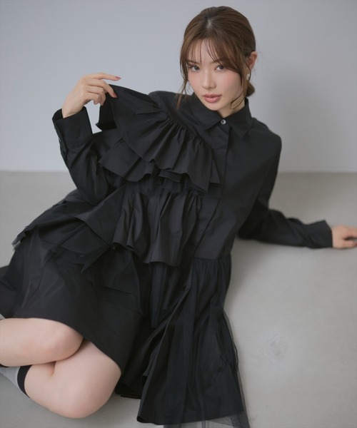 AND COUTURE(アンドクチュール)の「アシメラッフルミニワンピース(ワンピース・レディース・ブラック/グレー・FREE)」の14枚目の写真