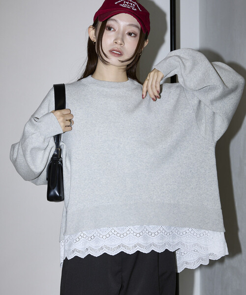 PUBLUX（パブリュクス）の「PUBLUX/パブリュクス 裾レースオーバーサイズニット　限定展開（ニット/セーター・レディース・サックスブルー/チャコールグレー/ネイビー/グレー・ﾌﾘ-）」の3枚目の写真