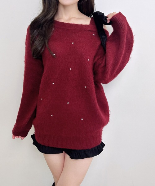 INGNI（イング）の「ワンショル肩リボンビジュ付シャギーチュニックニット（ニット/セーター・レディース・ピンク/チャコールグレー/アイボリー/ボルドー・M）」の10枚目の写真