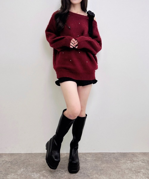 INGNI（イング）の「ワンショル肩リボンビジュ付シャギーチュニックニット（ニット/セーター・レディース・ピンク/チャコールグレー/アイボリー/ボルドー・M）」の13枚目の写真