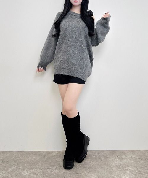 INGNI（イング）の「ワンショル肩リボンビジュ付シャギーチュニックニット（ニット/セーター・レディース・ピンク/チャコールグレー/アイボリー/ボルドー・M）」の21枚目の写真