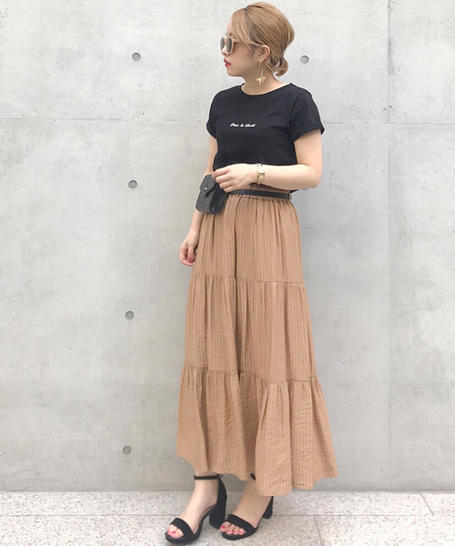 Cheek（チーク）の「シャドーストライプティアードマキシスカート（スカート・レディース・モスグリーン/キャメル・MEDIUM）」の6枚目の写真