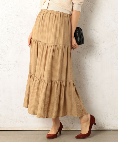 Cheek（チーク）の「シャドーストライプティアードマキシスカート（スカート・レディース・モスグリーン/キャメル・MEDIUM）」の8枚目の写真