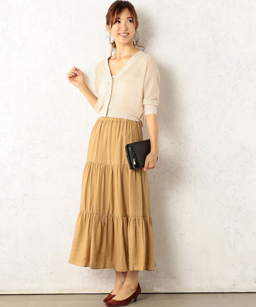 Cheek（チーク）の「シャドーストライプティアードマキシスカート（スカート・レディース・モスグリーン/キャメル・MEDIUM）」の9枚目の写真