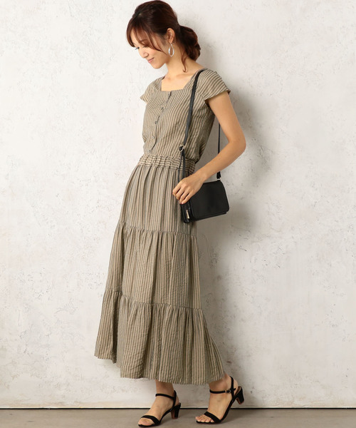 Cheek（チーク）の「シャドーストライプティアードマキシスカート（スカート・レディース・モスグリーン/キャメル・MEDIUM）」の10枚目の写真