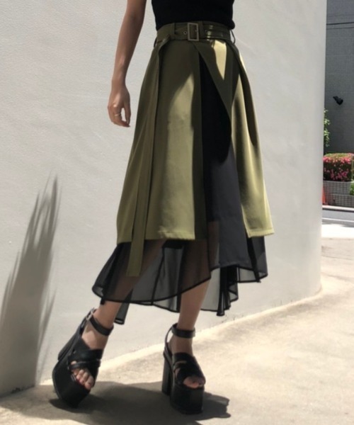 ENVYM（アンビー）の「アシンメトリーヘムコンビロングＳＫ（スカート・レディース・ブラック/カーキ/グリーン・FREE）」の3枚目の写真