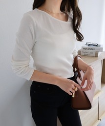 テレコリブ長袖アシメネックTシャツ