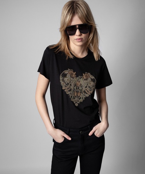 ZADIG&VOLTAIRE（ザディグ　エ　ヴォルテール）の「ZOE DOUBLE HEART CANNETILLE（Tシャツ/カットソー・レディース・ブラック・S/M/XS）」の6枚目の写真