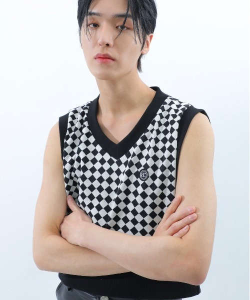 BASIC COTTON(ベーシックコットン)の「【BASIC COTTON/ベーシックコットン】22SS DIA VEST/ダイアベスト Vネックベスト チェックベスト(ベスト・メンズ・グレー/ブラック/グリーン・ONE SIZE)」の2枚目の写真