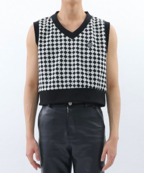 BASIC COTTON(ベーシックコットン)の「【BASIC COTTON/ベーシックコットン】22SS DIA VEST/ダイアベスト Vネックベスト チェックベスト(ベスト・メンズ・グレー/ブラック/グリーン・ONE SIZE)」の4枚目の写真