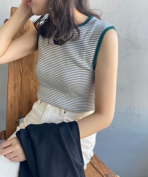 MILLER（ミラー）の「[MILLER/ミラー] 別注 配色パネルリブ ボーダータンクトップ（Tシャツ/カットソー・レディース・ブラウン/グリーン/ライム/ネイビー/ピンク/オレンジ・F）」の4枚目の写真