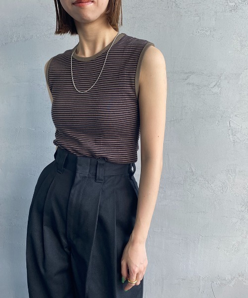 MILLER（ミラー）の「[MILLER/ミラー] 別注 配色パネルリブ ボーダータンクトップ（Tシャツ/カットソー・レディース・ブラウン/グリーン/ライム/ネイビー/ピンク/オレンジ・F）」の2枚目の写真