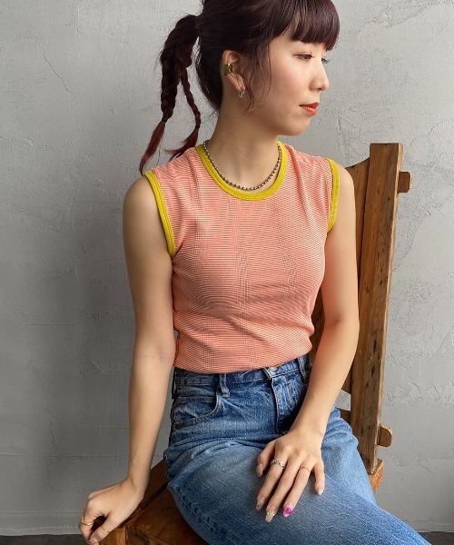 MILLER（ミラー）の「[MILLER/ミラー] 別注 配色パネルリブ ボーダータンクトップ（Tシャツ/カットソー・レディース・ブラウン/グリーン/ライム/ネイビー/ピンク/オレンジ・F）」の6枚目の写真
