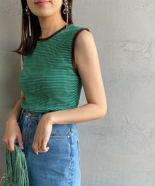 MILLER（ミラー）の「[MILLER/ミラー] 別注 配色パネルリブ ボーダータンクトップ（Tシャツ/カットソー・レディース・ブラウン/グリーン/ライム/ネイビー/ピンク/オレンジ・F）」の3枚目の写真