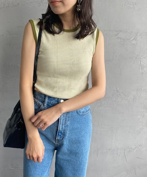 MILLER（ミラー）の「[MILLER/ミラー] 別注 配色パネルリブ ボーダータンクトップ（Tシャツ/カットソー・レディース・ブラウン/グリーン/ライム/ネイビー/ピンク/オレンジ・F）」の9枚目の写真