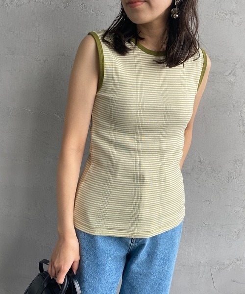MILLER（ミラー）の「[MILLER/ミラー] 別注 配色パネルリブ ボーダータンクトップ（Tシャツ/カットソー・レディース・ブラウン/グリーン/ライム/ネイビー/ピンク/オレンジ・F）」の10枚目の写真