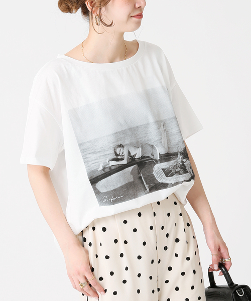 B.C STOCK（ベーセーストック）の「Yacht Lady フォトTシャツ（Tシャツ/カットソー・レディース・ホワイト/ブラウン・FREE）」の2枚目の写真