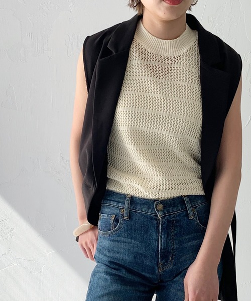 HER CLOSET(ハークローゼット)の「【shemoshelly】アメリカンスリーブメッシュニットトップス(ニット/セーター・レディース・ブラック/カーキ/アイボリー/テラコッタ・M)」の18枚目の写真