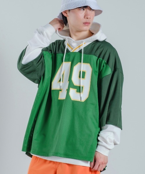improves（インプローブス）の「メッシュ ナンバリングプリント オーバーサイズ Vネック Tシャツ（Tシャツ/カットソー・メンズ・ブラック/グリーン/パープル・MEDIUM/LARGE/X-LARGE）」の2枚目の写真
