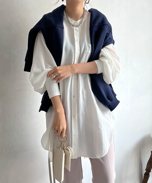 DouDou（ドゥドゥ）の「袖リブバックボタンロングシャツ（シャツ/ブラウス・レディース・オフホワイト/モカ/バイオレット/ブラック・FREE）」の3枚目の写真