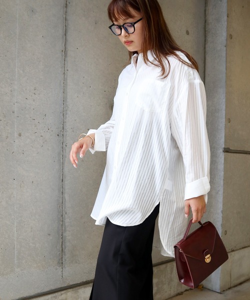 Brownie(ブラウニー)の「Brownie 肩ボタン開きストライプシャツ(シャツ/ブラウス・レディース・ホワイト/ブラック/グリーン/ライトベージュ・FREE)」の9枚目の写真